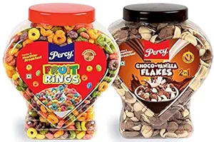 Percy Children Snacks Fruit Rings and Choco Vanilla Flakes Combo of 2 Jars [Multigrain Loops Breakfast Cereal] Jar, 720 g