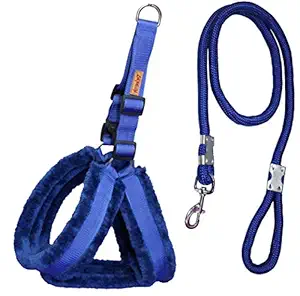 Petshop7 Fur Padded Nylon Dog Harness, Dog Leash Rope Small (Chest Size - 23-28inch) Blue