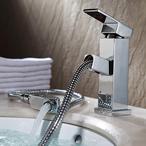 Homfa ausziehbare Küchenarmatur, Waschtischarmatur, Wasserhahn, Einhandmischer mit Schlauch-Brause, Keramik Kartusche, Messing verchromt - 2