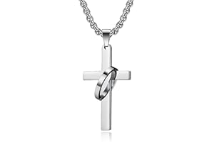 AMDXD Men's Pendant Necklace in Stainless Steel, Cross Pendant with Rings Men's Chains Retro for Women Men, Silver, Stainless Steel, Without cubic zirconia