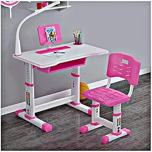 FURNITURE FIRST Finsbury Pink Kids Study Table & Chair ! Height Adjustable ! Multi-Functional ! Book Holder ! LED Light? ! Maintains Posture & Comfort ! Best for Age 3-15 Years. Imported !!