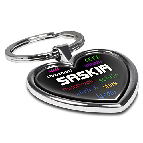 Preisvergleich Produktbild Schlüsselanhänger mit Namen Saskia - Motiv Positive Eigenschaften - Herz-Schlüsselanhänger, Namensschlüsselanhänger, personalisierter Anhänger, Herz-Anhänger, Chrom
