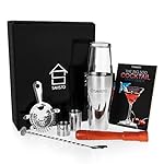 Savisto Premium 8 Piece Cocktail Set With Boston Cocktail Shaker, Glass, 500 Recipe Cocktail Book, 25ml & 50ml Bar Measures, Twisted Bar Spoon, Strainer, Wooden Muddler, & Elegant Gift Box