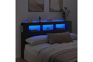 Capwee Testiera Letto 180 cm Testiera Letto Matrimoniale con LED Testiera Letto con Scomparti Testiera con Luci in Legno-Nero-180 x 103.5 cm