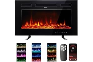 M.C.Haus Ultradünner Elektrischer Kamin, geräuscharm, 12 Verschiedene Flammen, versenkte Wandmontage, Glas-Touchscreen und Fernbedienung, mit Kristall und Holzscheit(76cm/30inch, Schwarz)