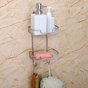 HOKIPO Magic Sticker Series Self Adhesive 2 Layer Wall Mounted Stainless Steel Soap Holder Stand for Bathroom Wall with Hanging Hooks (NEW3465)