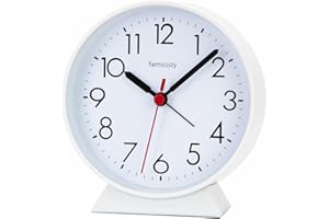 FAMICOZY Silent Non Ticking Analog Alarm Clock,Easy to Read,Simple Operation,Crescendo Alarm,Snooze Light,1 AA Battery Operated,White