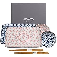 TOKYO design studio, Geometric Eclectic, Sushi Set, 6 Piezas. 2 Placas de Sushi, 2 Sauce Cuencos de Madera, 2 Pares Palillos Chinos. Sushi Plato Porcelana Set.