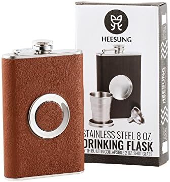 Heesung Shot Flask - Stainless Steel 8 Ounce Hip Whiskey Flask Gift Set with a Built-in Collapsible 2 Oz Shot Glass ,Bonus Stainless Steel Flask Funnel - 8 oz Hip Flask With Brown Leather