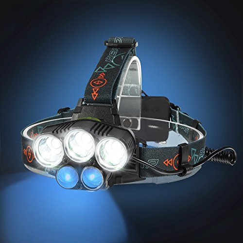 Stirnlampe , SGODDE led Kopflampe(inklusive 2 Akku), 3 x XML T6 + 2xR2 LED 18650 Kopfleuchten ideal für Nachtlese, Camping, Angeln,Abenteuer,Höhlenforschung , Bergsteigen , Klettern, Fahrrad usw - 3