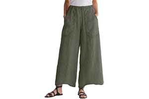 Osheoiso Pantalon Femme Élégant Pantalon Couleur Unie Taille Elastique Grande Taille Casual Pantalon avec Poches Léger Élastique pour Eté Jambe Large Palazzo Pantalons