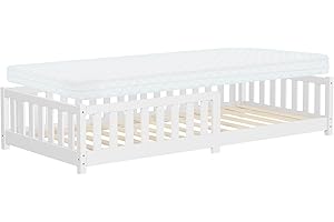 ML DESIGN MODERN LIVING ML-Design Letto Basso per Bambini e Bambine 90x200 cm, Bianco, in Legno di Pino Massiccio, con Materasso A:10 cm e Protezione Anticaduta, Giroletto Giovanile, Lettino Montessori per Ragazzi