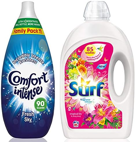 Surf Tropical Lily and Ylang Washing Liquid 3L, 85 Washes with Comfort Fresh Sky Intense Fabric Conditioner, 1.35L, 90 Washes (1x Pack)