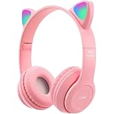 Teknosepetim Kablosuz Bluetooth 5.0 Led Işıklı Kedili Şık Kulaklık Hediye &Ccedil;ocuk Oyuncu, Pembe