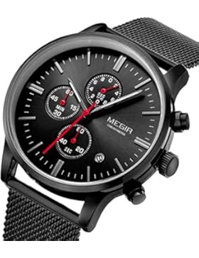 yisuya Chronograph Herren quartz-watch Edelstahl Mesh Band Schwarz Uhren Multifunktions-Sport megir Armbanduhren
