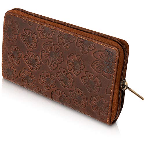 Taled Geldbeutel Flower aus echtem Büffelleder mit RFID-Schutz - Damen Geldbörse inkl. E-Book für Lederpflege - Portemonnaie Wallet - 2 Jahre Garantie