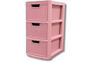 SIDSONS - Large Plastic Rattan Style Storage Drawer - Durable & Stylish Cabinet with Smooth Pull Drawers - Multipurpose Organizer for Clothes Toys, Kitchen, Home & Office Use (Rattan/Pink, 3 Tier)