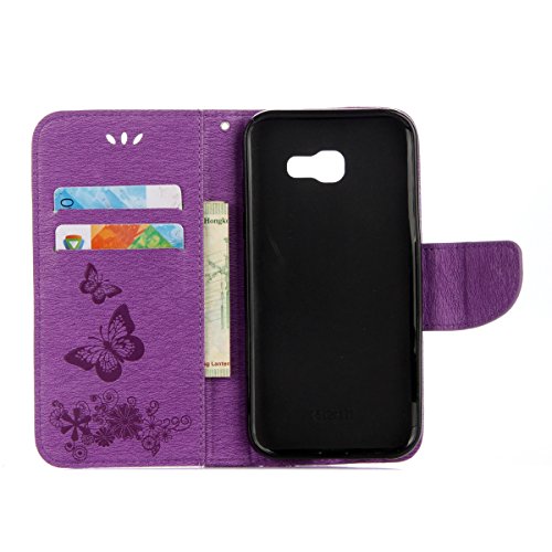 Galaxy A5 2017 Hülle,Samsung Galaxy A5 2017 Blumen Case,JAWSEU Retro Prägung Schmetterling Blumen Muster Kunstleder PU Leder Strap Brieftasche Bookstyle Magnetverschluss Schutzhülle Handytasche Case Cover Etui mit [Ständerfunktion] und [Kartenfächer]für Samsung Galaxy A5 2017+1xSchwarz Glitzer Bling Eingabestift-Lila Schmetterling - 2