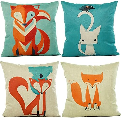 4 X Fox Throw Cotton Linen Pillow Cover Square