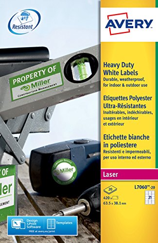 Avery Etiquetas de poli  ster blanco - Etiquetas de impresora  Color blanco  Etiqueta para impresora autoadhesiva  A4  Poli  ster  Laser  Rect  ngulo 