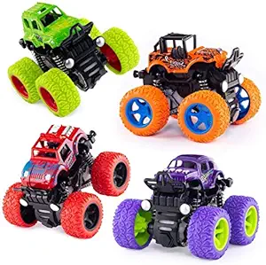 SSB 4pc 4WD Mini Monster Trucks Friction Powered Cars for Kids Big Rubber Tires Baby Boys Super Cars Blaze Truck Children Gift Toys(Set of 4)