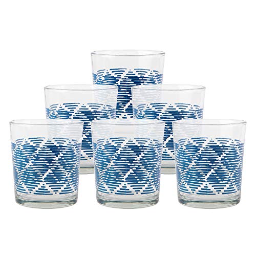 KASA Juego de 6 Vasos de Agua con Azul con Patrón de Diamante en Azul, Vidrio Transparente