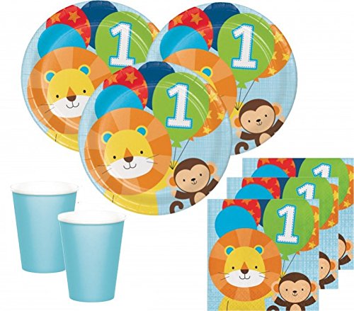 48 Teile Erster Geburtstag im Zoo Blau Party Deko Set 16 Personen - Löwe