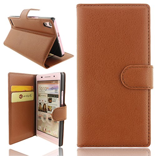 Preisvergleich Produktbild Ancerson Neu Schwarz Braun Weiß Kunstleder Buch-Stil Flip Folie Magnetverschluss Brieftasche Geldbörse Wallet Kreditkarte ID Card Slots PU Leder Beschützer Haut und Schwarz Harte Schutzfolie Schutzhüllen Case Tasche Hülle Etui Schale für Huawei Ascend P6 (Braun)