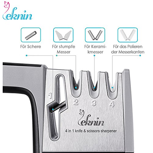 Messerschärfer Scherenschärfer mit 4 Stufen-Schleifsystem, Leknin Keramikmesserschärfer mit 4 in 1 Design geeignet für verschiedene Größen von Messern und Scheren, Multifunktions-Küchenschere dazu als Geschenk (Schwarz) - 4