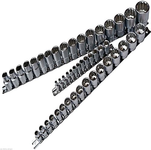 1/2" & 3/8" & 1/4" Drive Sockets Set 50pc Metric 12pt & 6pt 4-30mm Cr-v On Rail