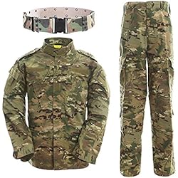 QMFIVE Combat Tactique, Camouflage Camouflage pour Hommes Combat BDU Veste Chemise et Pantalon avec Ceinture Uniforme Guerre Jeu Armée Militaire Paintball Airsoft Chasse Tir Camo