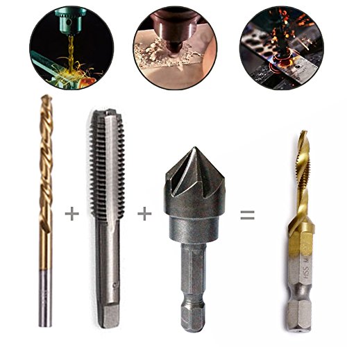 JTENG 6 teilig Kombi Gewindebohrer Bit Satz 1/4“ HSS M3-M10 Schraube Sechskantschaft Senker Werkzeuge Bohrer Bit Set Maschinengewindebohrer Drill Bits Satz Edelstahl HSS - 3