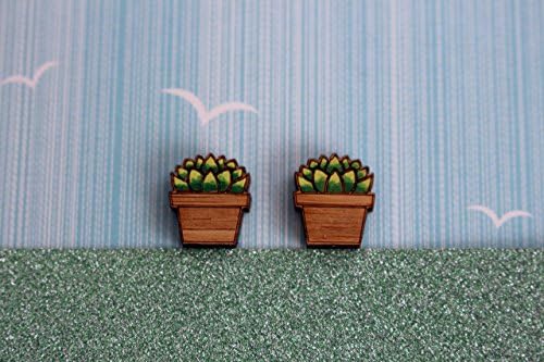 Potted cactus wooden stud earrings - wooden jewellery