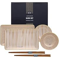 TOKYO design studio, Nippon Limited Edition Oro, Sushi Set, 6 Piezas. 2 Placas de Sushi, 2 Sauce Cuencos de Madera, 2 Pares Palillos Chinos. Sushi Plato Porcelana Set.