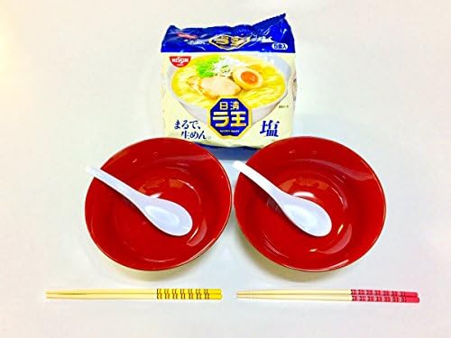 JapanStyle Japanese Ramen Donburi Bowl dia. 183cm 82g [Black x Vermilion ] x 2pcs/Renge Ramen Spoon x 2pcs/Chopsticks x 2 sets/Raoh Sio Salt [5pcs]/ Ready-for-Ramen Package SL