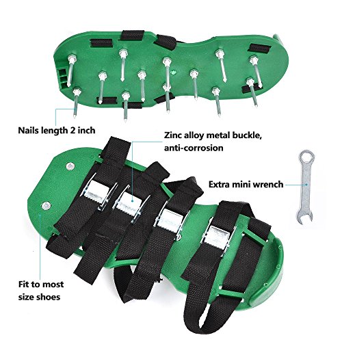 DEKOMORE Rasenlüfter Schuhe 4 Verstellbare Gurte, Rasenbelüfter Nagelschuhe mit 5 CM Nägel, für Garten Hof,1 Paar ,Grün - 3