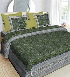 UNIBLISS Floral 144 TC Cotton Rajasthani Jaipuri Traditional King Size Double Bed Bedsheet with 2 Pillow Covers (Double, Green)