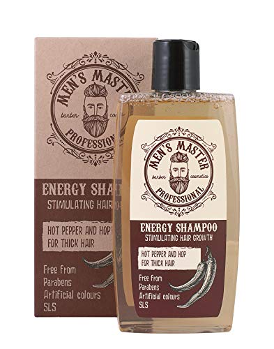 Champú Estimulante para Hombre"Chile rojo, cafeína y lúpulo" efecto Anticaspa y Anticaída del cabello, Sin Sulfatos, 260 ml de Mens Master