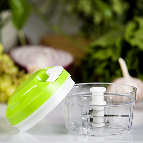【Design BABYCOOK】 Zerkleinerer Manuell Gemüseschneider Knoblauchpresse Schneider Finecut / Um das Essen der Kinder zu mischen und Früchte und Gemüse zu hacken Hacken / Schneiden / Mischen / mit 3 Klingen – Grün - 6