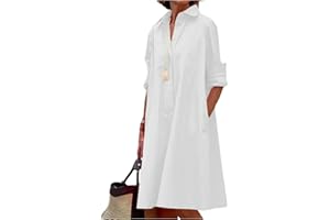 FRESQA Vestido Camisero Liso para Mujer, Moda de Verano, Informal, con Cuello Vuelto y Bolsillo, Vestidos por Debajo de la Rodilla de Manga Larga, Vestidos Sexis de Lunares para Mujer