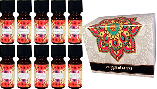 Set de 10 Aceites Esenciales Perfumados para Aromaterapia en Caja de Regalo. Organiterra. Aromas surtidos