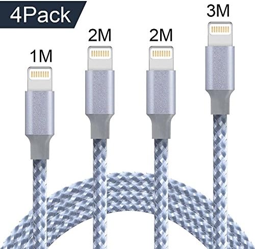 Lightning Cable,WZS® 4Pack 1M 2M 2M 3M Nylon Braided iPhone Charger Cable Charging Lead Cord USB Wire for iPhone X / 8 / 8 Plus / 7 / 7 Plus / 6S / 6S Plus / 6 / 6 Plus / SE / 5S / 5C-Gray White