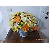 GESTECK AUS TEXTILBLUMEN: *HERBSTBLÜTEN*; IN METALL-JARDINIERE; UNIKAT; HANDARBEIT; ca 43 cm Durchmesser