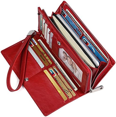 JEEBURYEE Womens RFID Blocking Large Capacity Luxury Oil Wax Genuine Leather Zipper Clutch Wallet Multi Card Holder Ladies Purse Red
