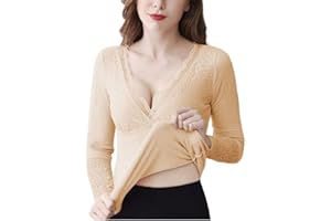 Minetom Femme sous-vêtement Thermique Uni Manches Longues Col V Dentelle Automne Hiver Chaud Pull T Shirt Haut Tops
