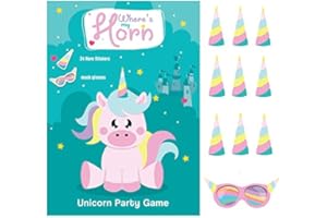 Happium Partyspiele für Kinder, Pin The Horn on The Unicorn, Partyzubehör, Gastgeschenke für Mädchen, Einhorn-Spieleset, Pin The Tail, Partyspiele für Geburtstage, Partyspiele für Kinder