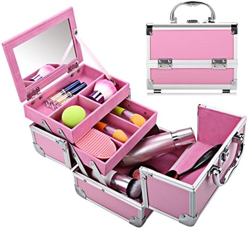 Cosmetic Make Up Storage Box, Mini Aluminium Beauty Make Up Nail Cosmetic Box Vanity Case (Pink_Pink)