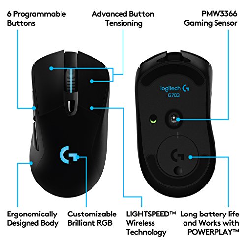 Logitech G703 - Rat  n inal  mbrico para gaming con sistema de carga inal  mbrica POWERPLAY compatible con LIGHTSPEED - paquete EU