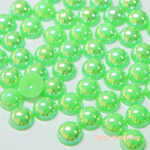 (Fantasy Fluorescent Green AB, 10mm, 200pcs) AB Colors Half Round Flat Back Pearl ABS Resin Cabochons Deco Scrapbooking Nail Art Craft - Iridescent