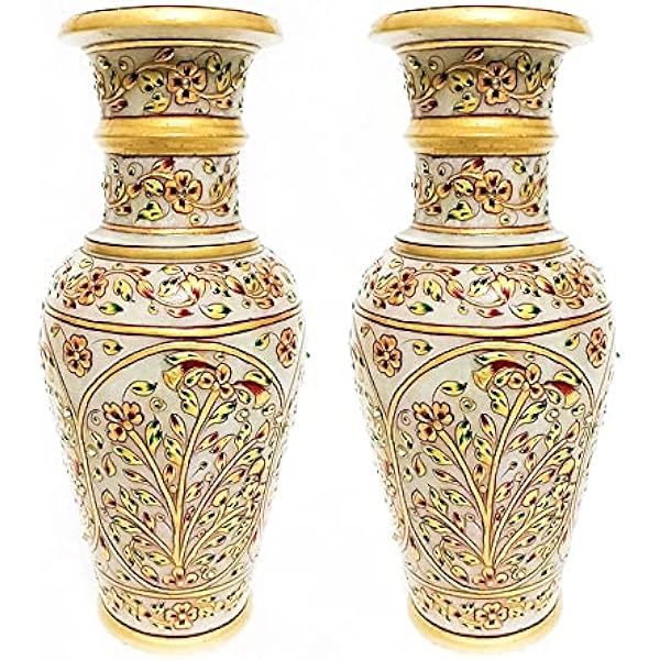 Buy Decorative Marble Flower Vase | Round Shape Colour Work Golden